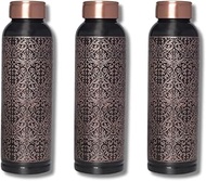 ESENCIA by RoyalsKart Premium Pure Copper Carving Water Bottle With Black Antique Design Glossy Finish 1000ML Joint Free and Leak Proof Bottle, PACK OF 3, ESRK04