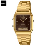 Velashop นาฬิกาข้อมือผู้ชาย ผู้หญิง คาสิโอ 2 ระบบ Casio Standard สายสแตนเลสสีทอง หน้าปัดสีน้ำตาล รุ่