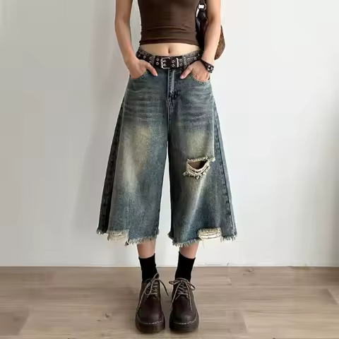 Retro Old Ripped Rough Edge Women's Jeans American Spice Girl Design Sense Summer New Versatile Seve