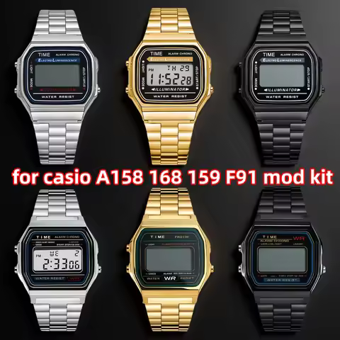 Stainless Steel Case Mod Kit for Casio Watches A158/A159/A168/F-91W - Silver Bezel, Strap & Glass Re