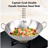 CAPTAIN COOK DOUBLE HANDLED STAINLESS STEEL WOK (30cm/32cm/34cm/36cm/38cm/40cm)