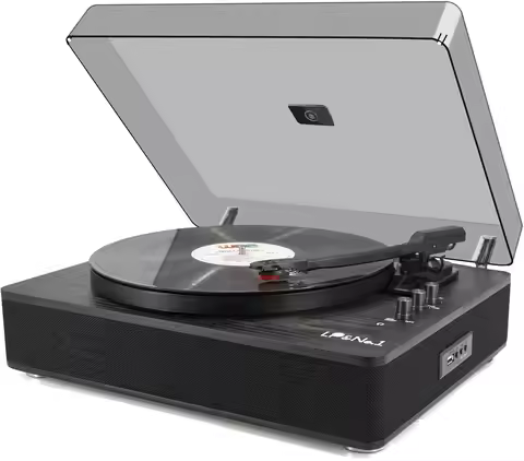 Vintage Vinyl Record Player with Built-in Speakers, 3-Speed Belt Drive Turntable, USB & Wireless Pla