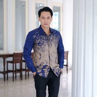ATASAN KEMEJA BATIK PRIA HANDARA BIRU NAVY FULL PURING BAHAN PREMIUM SLIMFIT REGULER LENGAN PANJANG