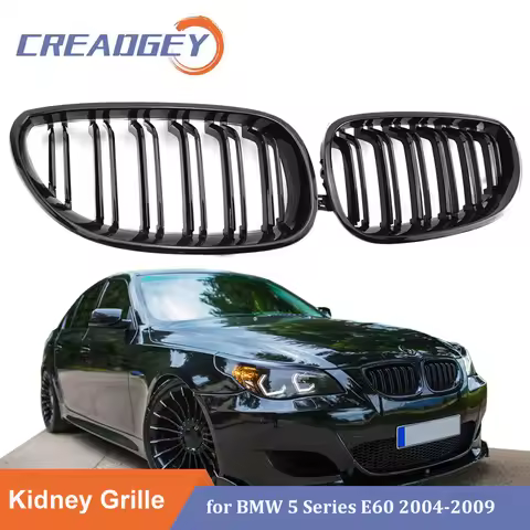 1 Pair Gloss Black Front Kidney Grill Double Slat 2 Line l for BMW E60 E61 5 Series M5 520I 535I 550