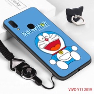 เคสมือถือเคสโทรศัพท์เคส Vivo Y11 2019 (แหวนนิ้ว + เชือกเส้นเล็ก) โทรศัพท์มือถือกลับนุ่มการ์ตูนโดราเอมอนแมวโทรศัพท์มือถือกรณีปลอกกันกระแทกยางซิลิโคนกรณีโทรศัพท์มือถือปก