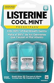 Listerine Cool Mint PocketPaks Portable Breath Strips for Bad Breath, Fresh Breath Strips Dissolve Instantly to Kill 99% of Bad Breath Germs* On-the-Go, Cool Mint, 24-Strip Pack, 3 Pack