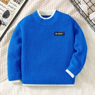 1pc Young Boys' 2 In 1 English Patch Basic Pullover Sweater, Suitable For Kids Outfits, Young Boy Cl