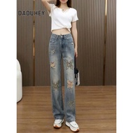 DaDuHey Women's Machine Embroidery Thin High Waist Jeans Ripped Rhinestone Loose Slimming and Straig