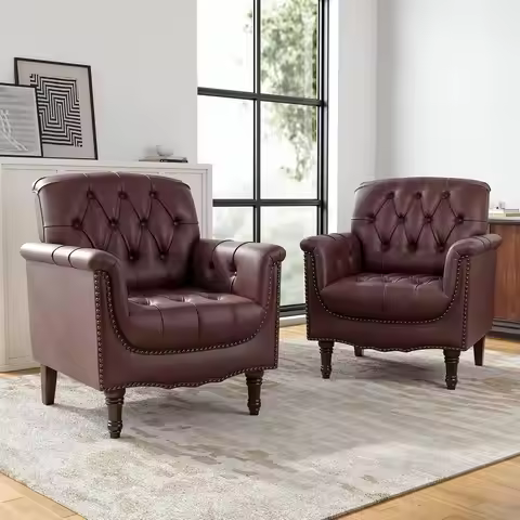 Faux Leather Club Chair Set 2 Retro Upholstered Solid Wood Legs Nailhead Trim Living Room Reading Ro