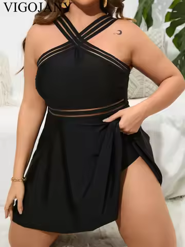 VigoJany 2025 Black 2 Piece Plus Size Dress Swimwear Women Strapped Large One Piece Swimsuit Beach C