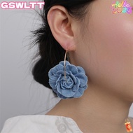 MKOFONU Denim Blue Fabric Earrings, Handmade Denims Blue Rose Earrings, Ornament Exaggerate Flower E