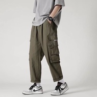 Straight Cut Loose Cargo Cropped Pants Kargo Multi Pocket Men Oversized Fashion Black Korean Casual 