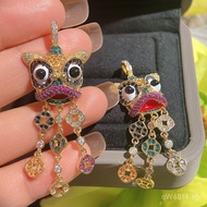 S925Animal Earrings Long Colorful Lucky Zircon Earrings Pixiu Silver Needle Lion Chinese Style Tasse
