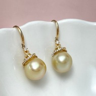 金色眼淚 天然海水珍珠 南洋金珠 純銀耳環