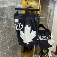DSQ Men's Wind Shorts Black Printed with White Maple Leaf Pattern Dsquared2 Back Butt for Street Boy