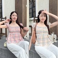 Gcoop Store Square Neck Blouse With Plaid Ribbed Doll Sleeves Put On A Beach Trip