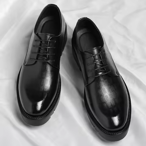 Men's Thick-Soled Low-Cut Business Formal Leather Shoes With Lace-Up Height Increase Groom's Wedding