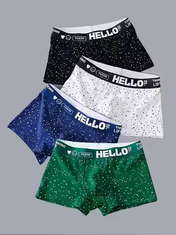 4-Pack Men's Polyester Boxer Briefs - “HELLO” Waistband, Star Print
