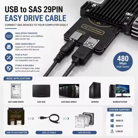 USB 3.2 Gen1 to SAS 29Pin Adapter Card 6Gbps SSD/HDD Converter with External Power Support Win7/10/1