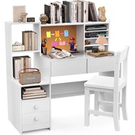 Computer Desk With 4 Drawers,white Kids Desk And Chair Set For 5-12 Year Old, Kids Study Table With 