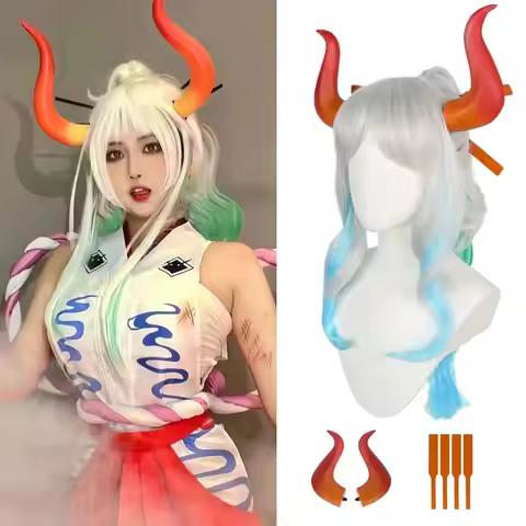 Women Anime Cosplay Costume Yamato Cosplay Wig With Horns Yamato Costumes Long Curls Gradient Woman 