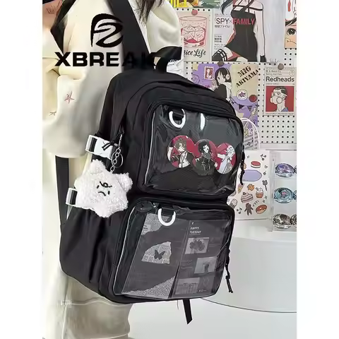 Solid Color Backpack with Transparent Pocket Ita Bag Casual Backpacks School Bag School Backpack Tee