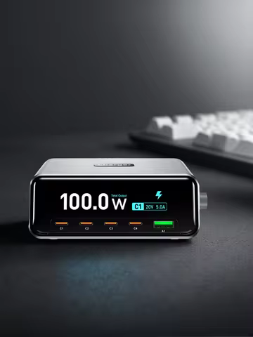 AIXXCO 100W GaN Fast Charger PD3.0 QC3.0 5-Port USB C Desktop Charging Station with Screen Display F