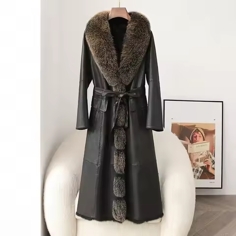 Women's Long Rabbit Fur Warm Overcoat 2025 Winter Super Size Fox Fur Collar Coat CT529