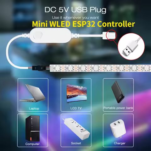 WLED ESP32 Mini LED Strip Controller GL-MC-001WL RGB IC Digital With Mic Music Sound Mode DC5V USB D