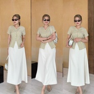 Zara tweed Set :: 5 สี ชุดเซ็ทกระโปรงยาว เสื้อทวิตคอวีแต่งกระดุมทอง ชุดเซ็ท 2 ชิ้นกระโปรงผ้าซาติน เร