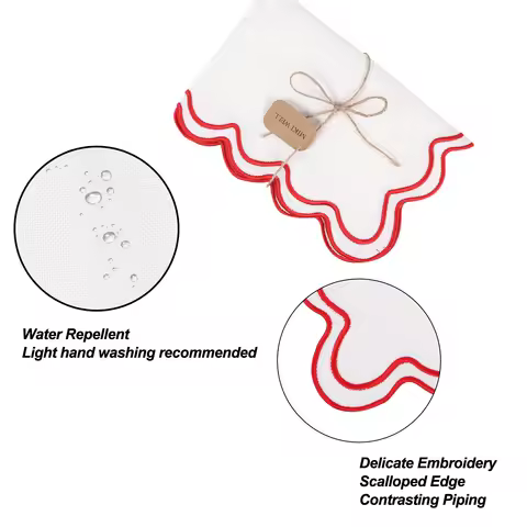 6PCS Cotton Linen Water-Resistant Placemats 13x19IN Wavy Embroidery Scalloped Washable Rustic Dinner