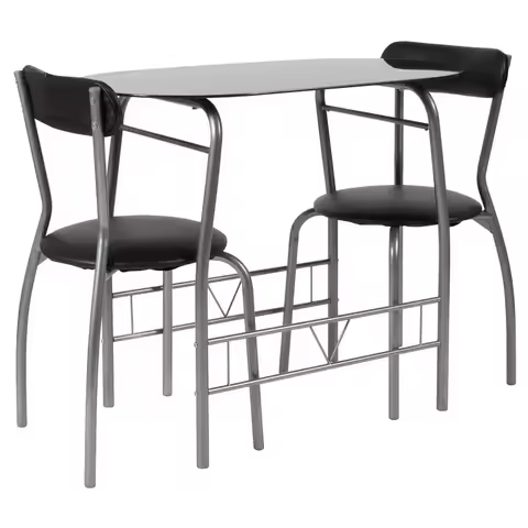 Retro Style Black Glass Bistro Set with Vinyl Padded Chairs Space-Saver Dining Table 2 Adults Open B