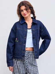Cider Denim Collar Floral Pocket Crop Oversized Jacket