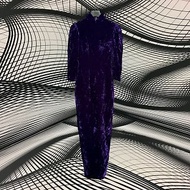 二手 古董訂製 紫色 絨布 光澤 抓褶 高開衩 長袖 旗袍 CA404