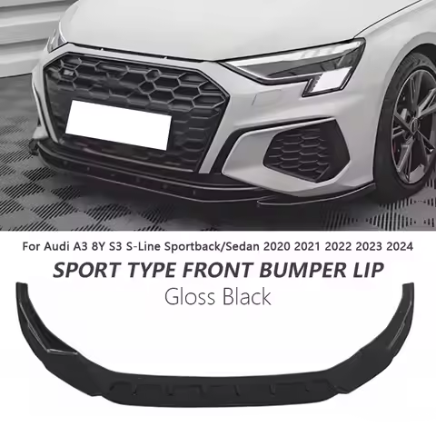 3Pcs For Audi A3 S-Line S3 A3 8Y 2020-2024 Car Front Bumper Lip Body Kits Glossy Black Car Front Lip