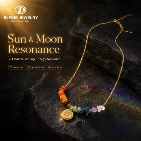 Rainbow Stone Chips Sun Moon Necklace Gold Tone Stainless Steel Ice Obsidian White Crystal Jewelry G