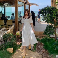 Dress Midi Korean Wanita Casual Ivone Polos Import Korea Flare Putih