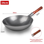 Konco 30CM/32CM/34CM Uncoated Pan Frying Pan Chinese Iron Wok With Wooden Handle Wok Gas stove Cooker Pan Stir Fry Pan Kitchen Cookware