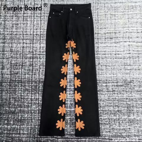 Purple Board Men Black Flare Jeans Skinny Hip Hop Denim Y2k Jeans Wash Orange Flower Patchwork Baggy