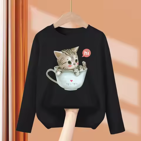 Aimi Lakana Kids Kitty Cat T-Shirt Baby Girls Long Sleeve Tops Cute Print Clothes Spring Autumn Cott