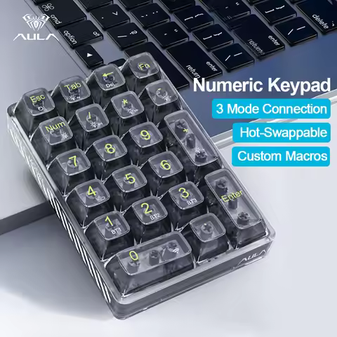 AULA Wireless Numeric Keypad White Backlight Transparent Numeric Keyboard 21 Key Bluetooth Wireless