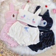 ใหม่ Sanrio Kuromi My Melody Cinnamoroll ชุดนอนเซ็กซี่สาวร้อน Flannel การ์ตูน Fluffy Suspender ชุดนอนกางเกงขาสั้นชุดของขวัญ