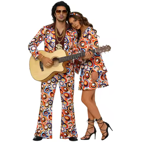 Men 70s Disco Hippie Outfit Retro Geometric Print Shirt Coat Pants Set Women Men Disco Outfit 60s Pa