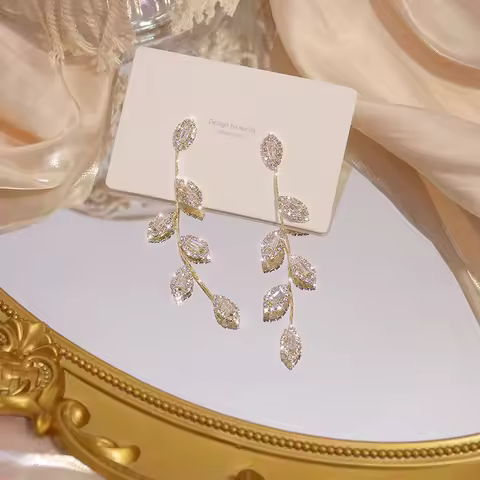JUWANG Luxury Plated 14K Real Gold Leaves Earring Delicate Micro Inlaid Cubic Zircon CZ Stud Earring