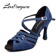 【In-Stock】 Ladingwu Women Dance Shoes Latin Salsa Tango Blue Denim Dance Shoes Woman's Ballroom Paty Profession Dance Shoes Cuban Heel 9/10