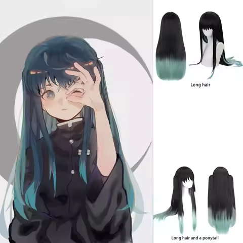 Muichiro Tokito Cosplay Wig Easy to Style Black Gradient Teal Green Long Straight Hair with Detachab