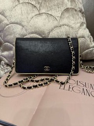 多年正版正貨商標門市現貨 可免息分期 chanel long wallet black woc wallet on chain  後加鏈 黑色 皮革 香檳金 長銀包 中古 復古