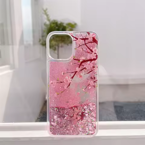 Peach Blossom Glitter Quicksand Hearts Stars Case Cover for iPhone 15 14 16 Pro Max Silicone Soft Sh