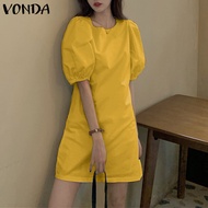 ชุดเดรสลำลองขาสั้นสำหรับผู้หญิง MODE Korea VONDA ชุดเดรสทรงเอแขนพองชุดสีดำชุดเดรสทูนิกเรียบสำหรับโอก