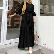 Jubah Hitam Muslimah Solid Color Long Sleeve Splice Girdle Loose Abaya Dress